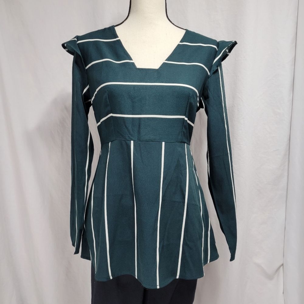 Striped Teal V-Neck Long-Sleeve Blouse